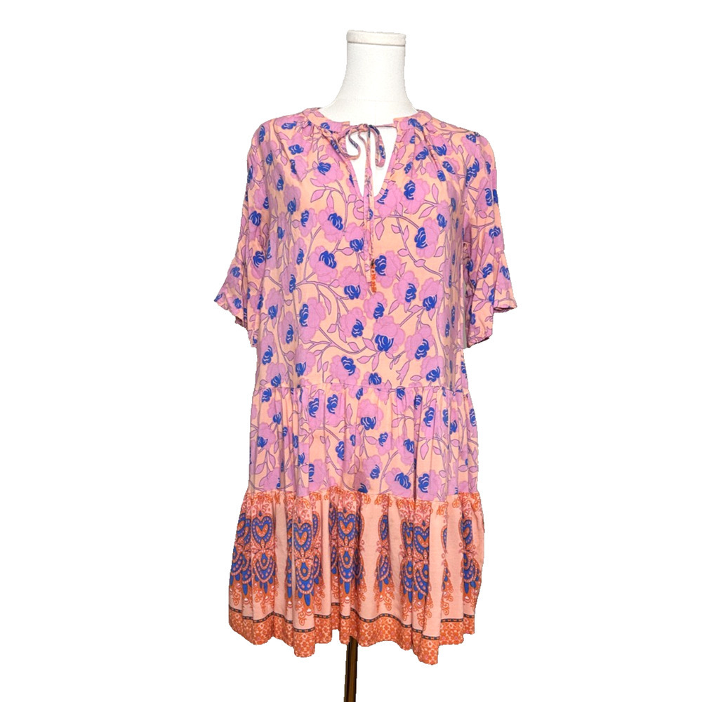 Petal + Pup Charlton Floral Tiered Short Sleeve Oversized Boho Dress Pink Size 4